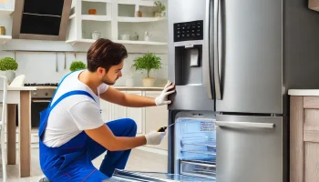 Professional technician performing Samsung appliance repair on a refrigerator in a modern kitchen, offering reliable appliance repair services in Minneapolis and St. Paul.
