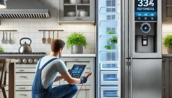 Professional technician diagnosing a refrigerator cooling issue in a modern kitchen.