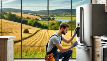 Professional technician performing appliance repair in a modern kitchen with a scenic country background in Prescott, WI.